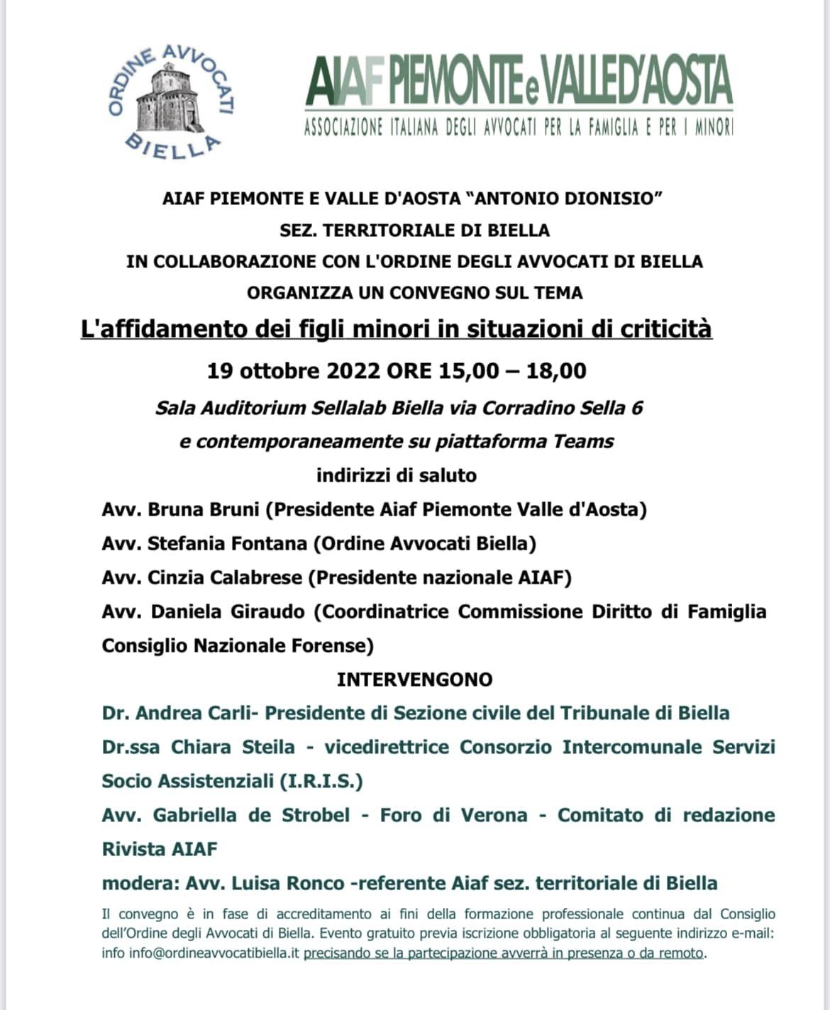 L'affidamento dei figli minori in situazioni di criticità, il convegno di AIAF Piemonte e Valle d’Aosta