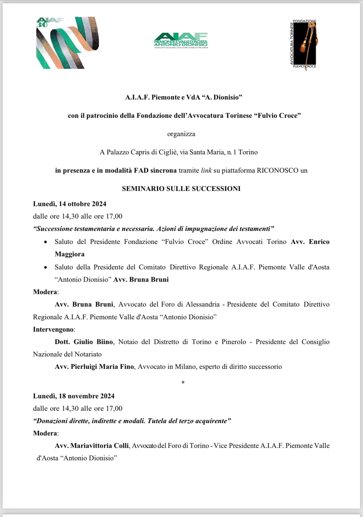 Seminario sulle successioni organizzato da AIAF Piemonte e Valle D'Aosta