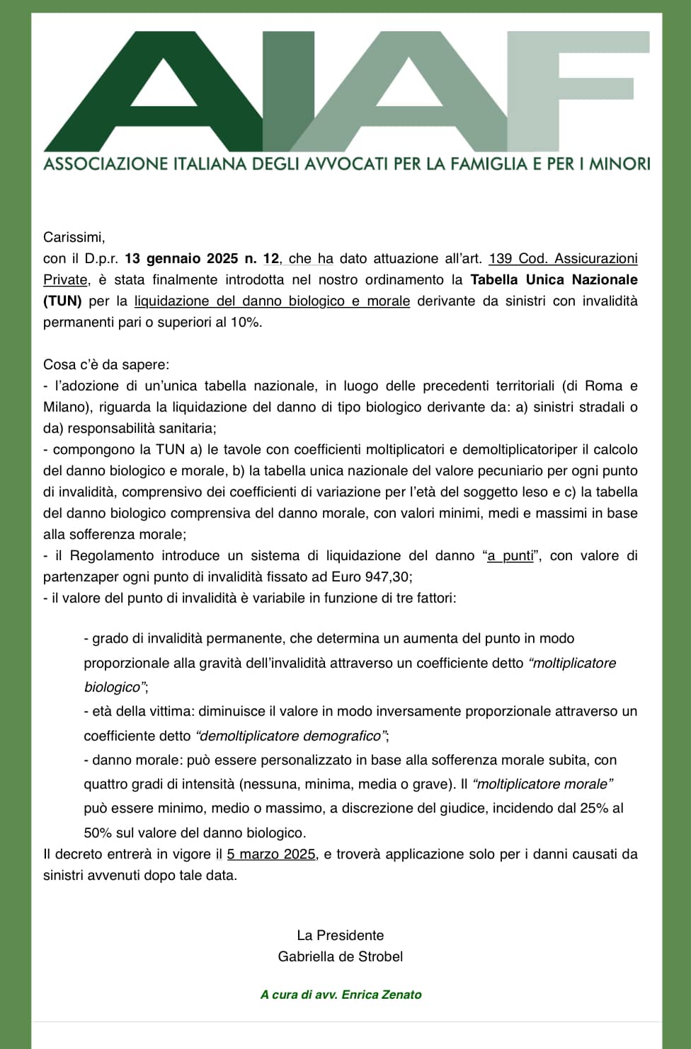 Tabella Unica Nazionale (TUN) per la liquidazione del danno biologico e morale derivante da sinistri con invalidità permanenti pari o superiori al 10%