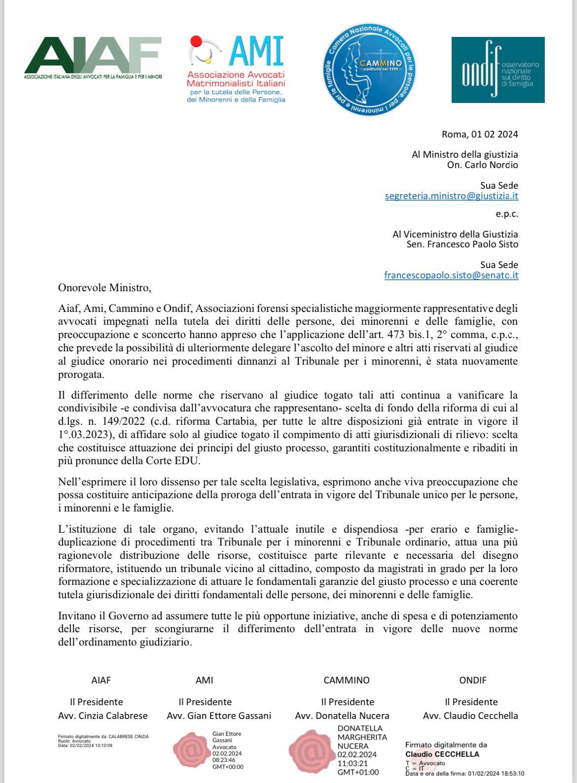 Giustizia minorile: sconcerto e preoccupazione per ulteriore proroga compiti giudici onorari.  AIAF, AMI, CAMMINO e ONDIF scrivono a ministro Nordio