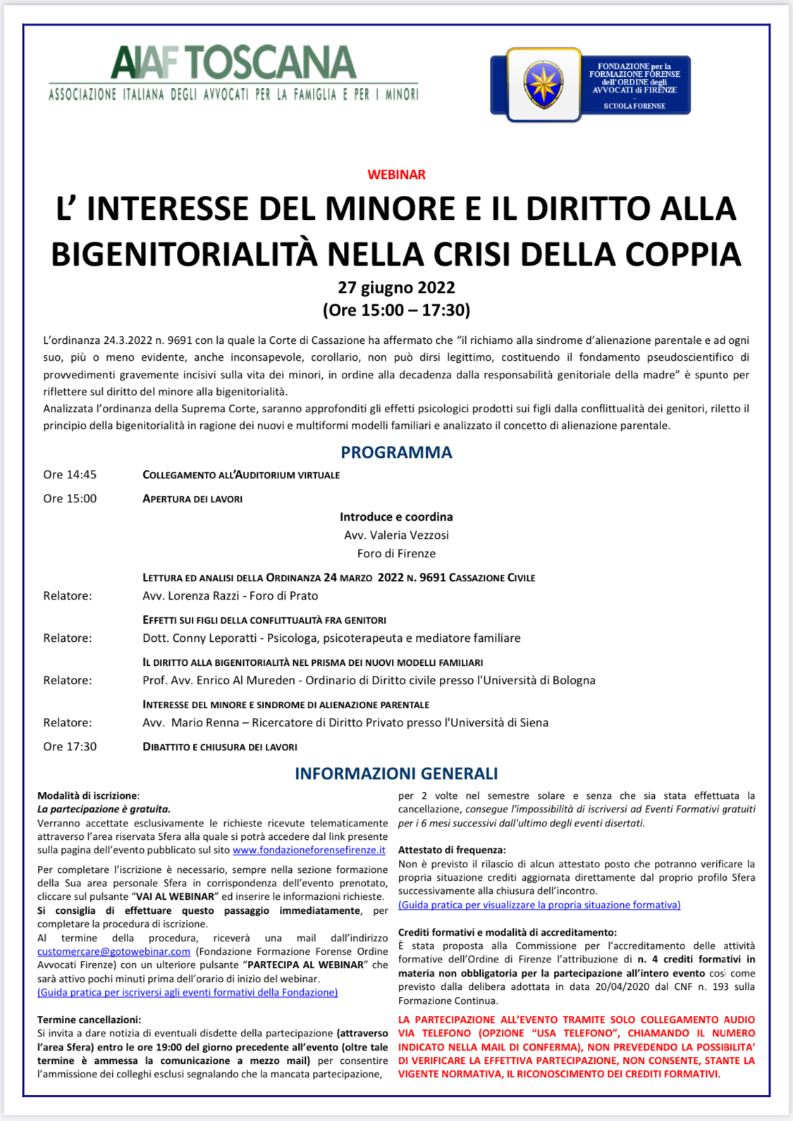 Aiaf Toscana presenta "L’ INTERESSE DEL MINORE E IL DIRITTO ALLA BIGENITORIALITÀ NELLA CRISI DELLA COPPIA"