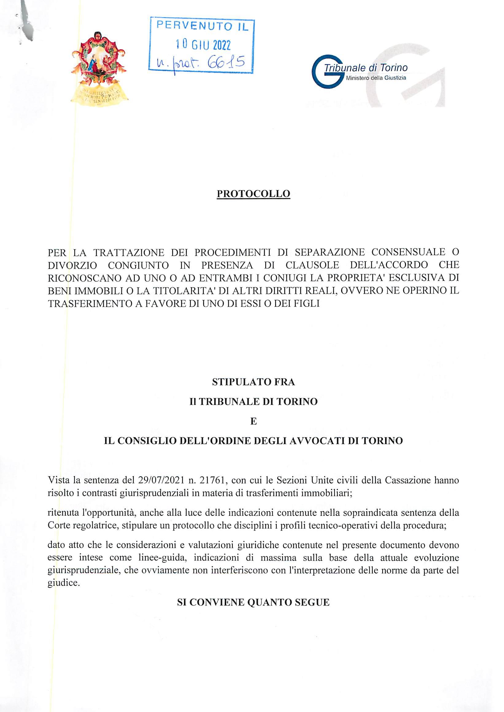 PROT. INTESA FRA TRIBUNALE E COA TORINO IN MATERIA DI TRASFERIMENTI IMMOBILIARI (SETTORE FAMIGLIA)